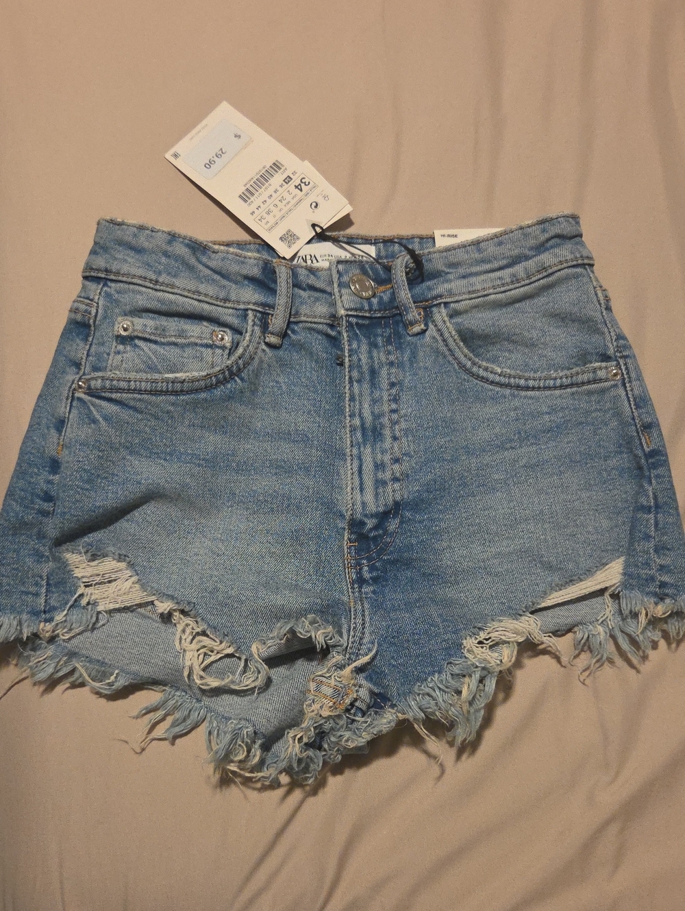 Zara Medium Blue Frayed Hem Denim Shorts